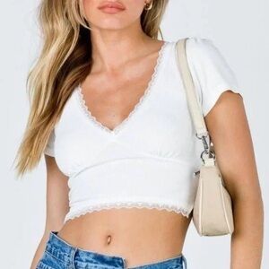 ADIKA | White Ribbed Lace Trim Cropped Top Size Medium